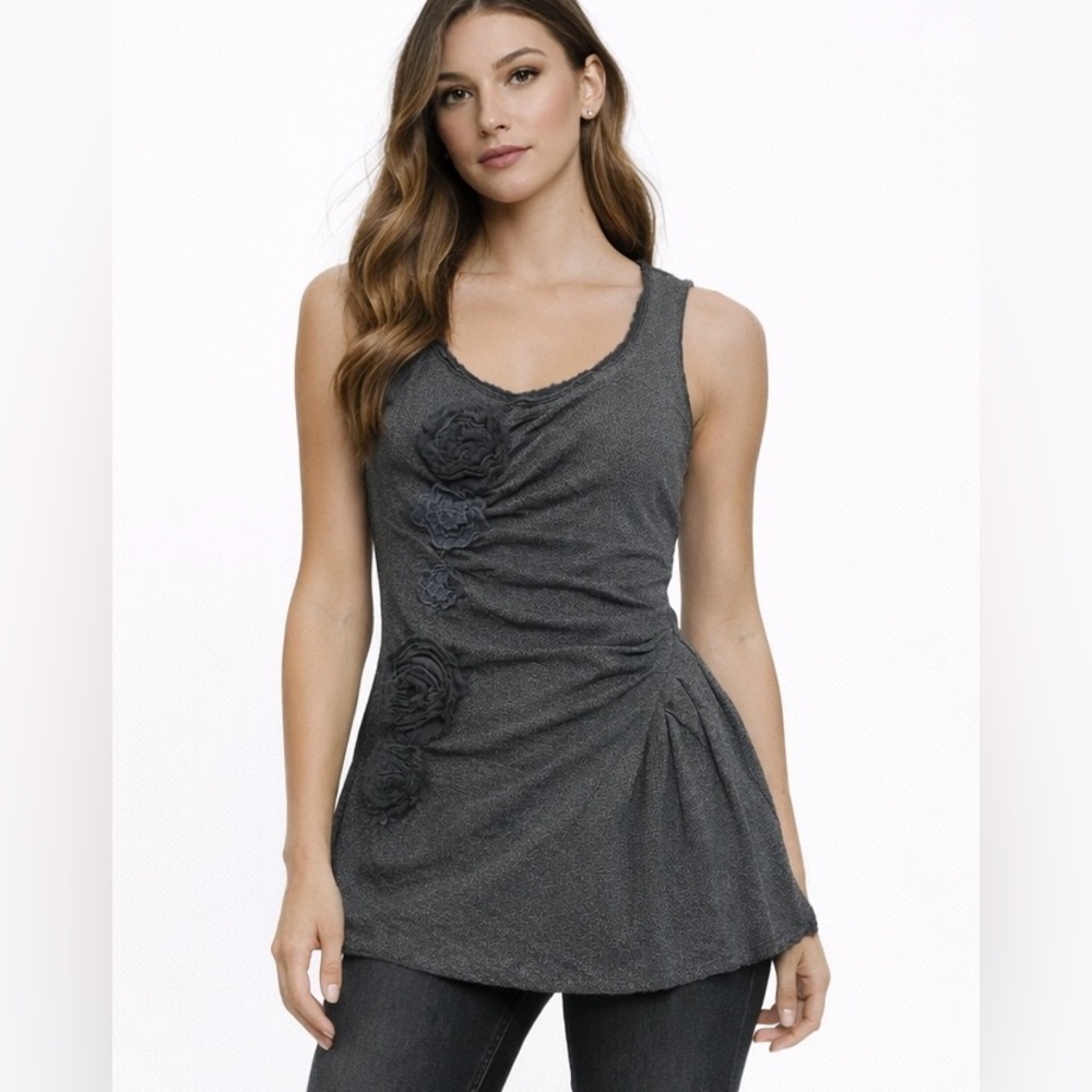 Free People Dark Gray Floral Appliqué Ruched Tank Top Sleeveless Size XS